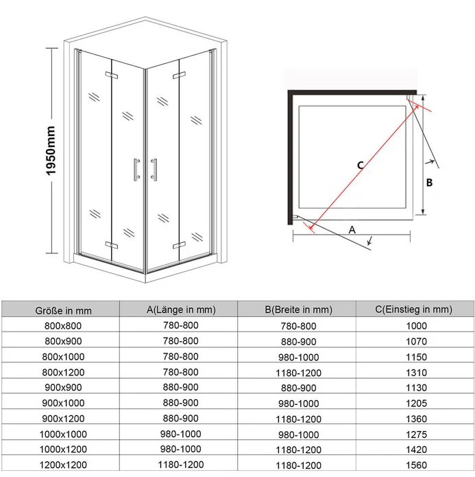 SONNI Douchecabine 80-120cm hoogte 195cm vierkant vouwdeur