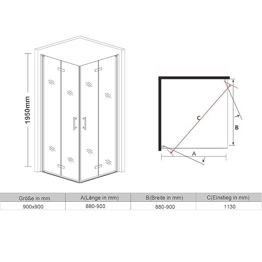 SONNI Douchecabine 90 x 90 cm vouwdeur hoekinstap vouwdouche, 6mm NANO glas, hoogte 195 cm