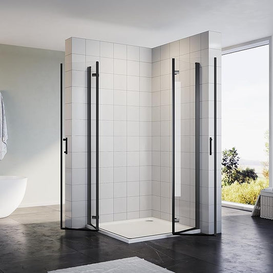 Sonni Douchecabine, Hoekinstap, zwarte douchevouwdeur, 6 mm glazen vouwdouche, hoogte 195 cm