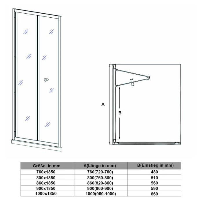 SONNI Douchedeur vouwdeur met ESG glazen deur 76-100cm hoogte 185cm