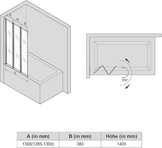 SONNI 3 delige badklapwand 130 x 140 cm 4 mm nano helder glas