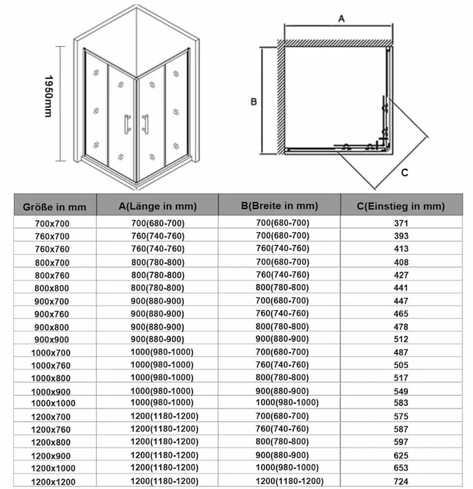 SONNI Douchecabine met hoekinstap en helder glas 70-120cm Hoogte 185cm/195cm