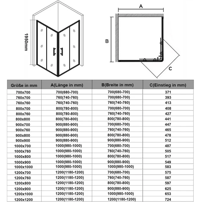 SONNI Douchecabine -70 x 70 cm - hoekinstap - helder glas - profiel - zwart
