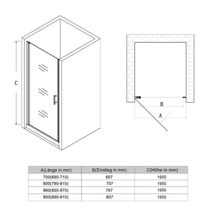 SONNI Douchedeur 70-90 cm 5mm nano-glas douchewand hoogte 185/195cm