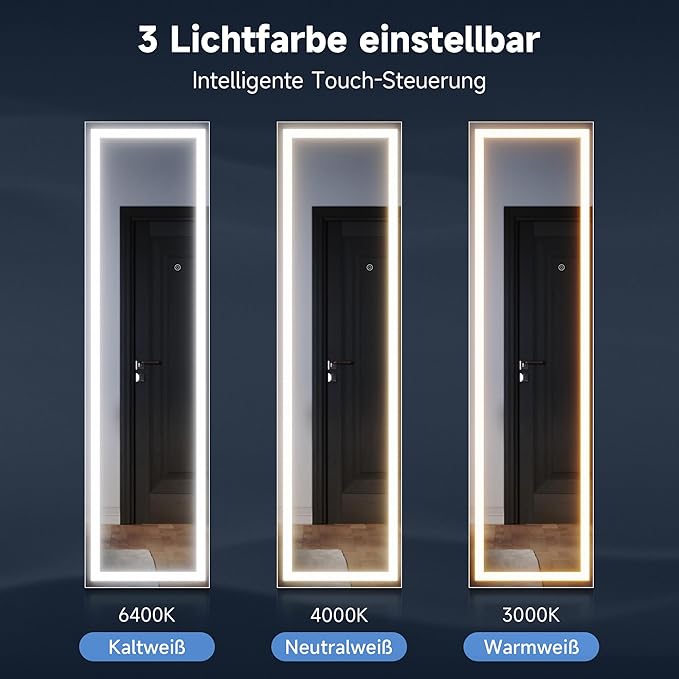 SONNI staande spiegel met aanraakschakelaar, grote dimbare staande make-upspiegel 150 x 40 cm