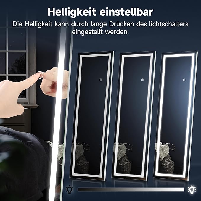 SONNI staande spiegel met aanraakschakelaar, grote dimbare staande make-upspiegel 150 x 40 cm