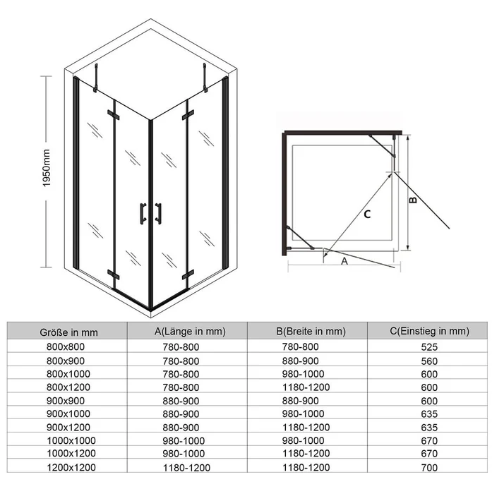 Sonni Douchecabine met klapdeuren 6 mm nano-Esg-glas, scharnierdeur, zonder frame 195 cm hoog