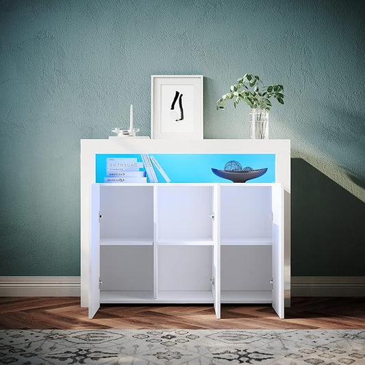 SONNI Dressoir wit hoogglans met LED-verlichting en 3 schuifdeuren 120 cm breed