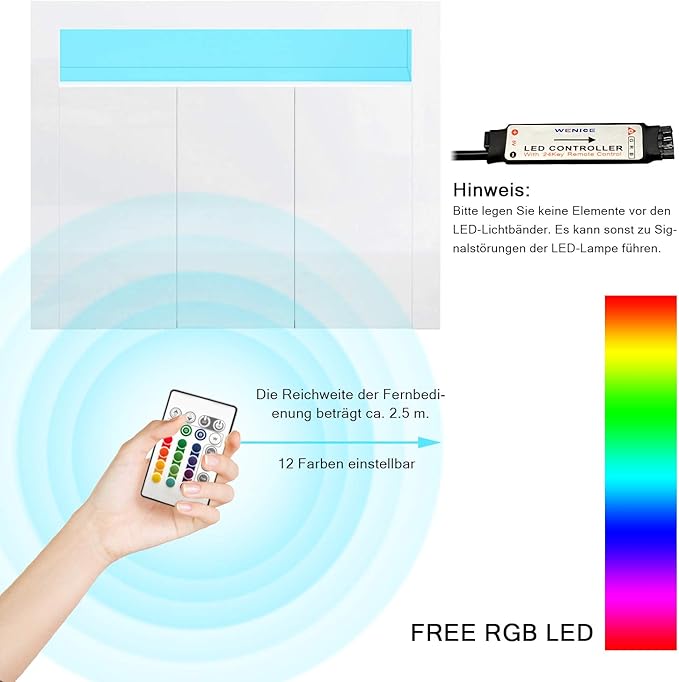 SONNI Dressoir wit hoogglans met LED-verlichting en 3 schuifdeuren 120 cm breed