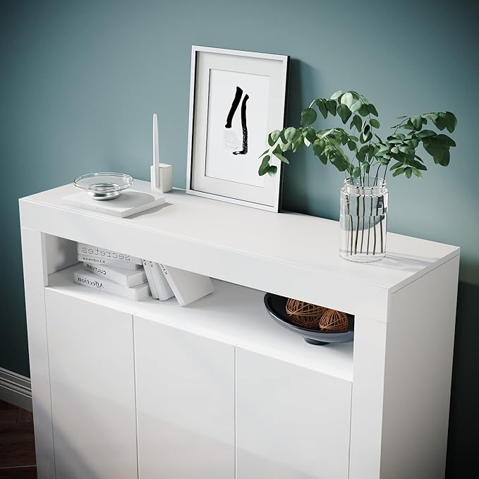SONNI Dressoir wit hoogglans met LED-verlichting en 3 schuifdeuren 120 cm breed