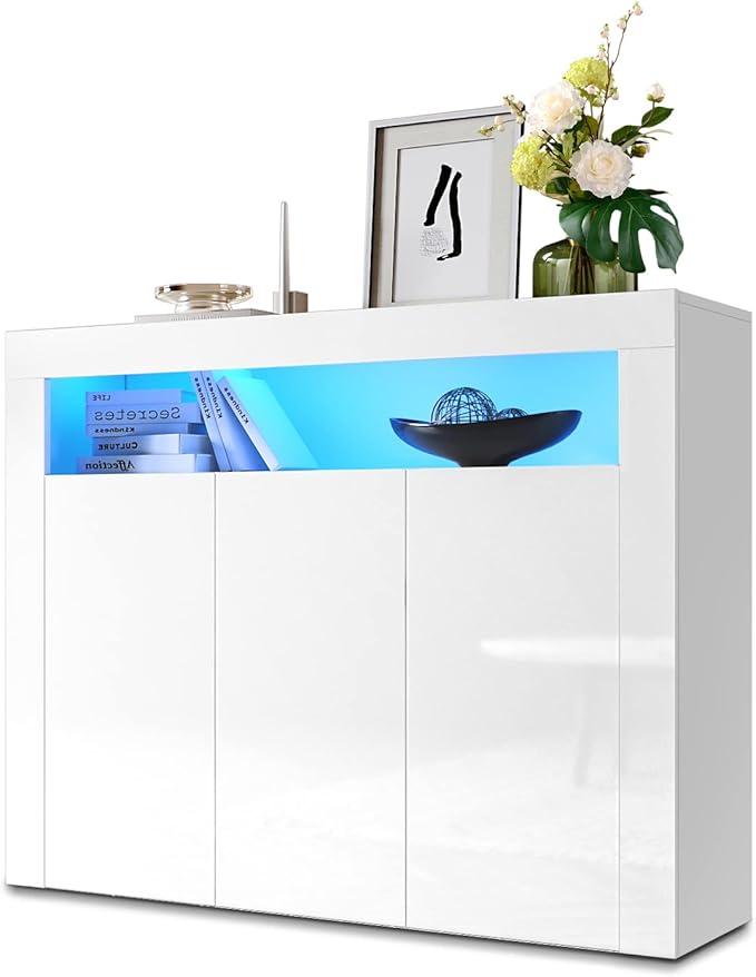 SONNI Dressoir wit hoogglans met LED-verlichting en 3 schuifdeuren 120 cm breed