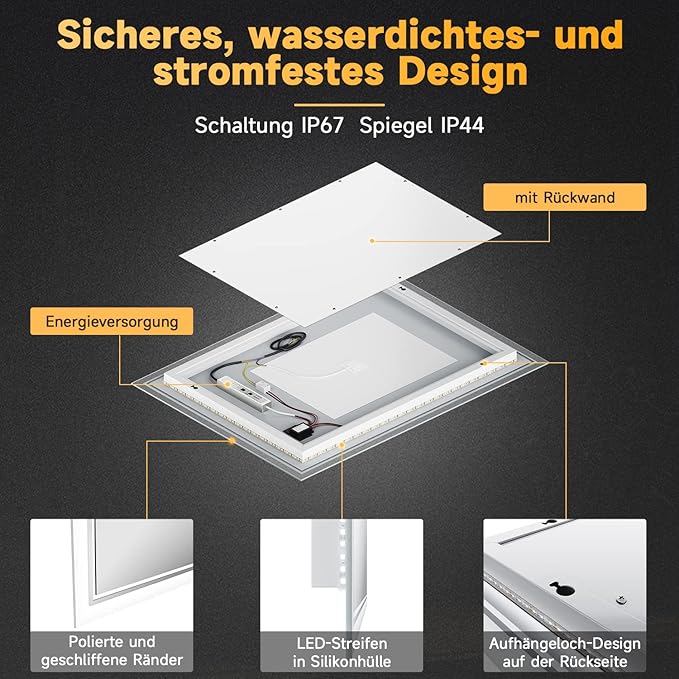 SONNI Badkamerspiegel met verlichting, condensvrij 70x50/80x60/100x60cm