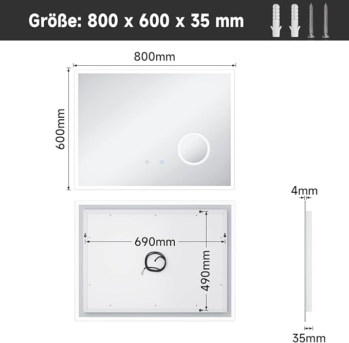 SONNI 80 x 60 cm Badkamer spiegel met verlichting, anti-condens, met 3 lichtkleuren, dimbaar