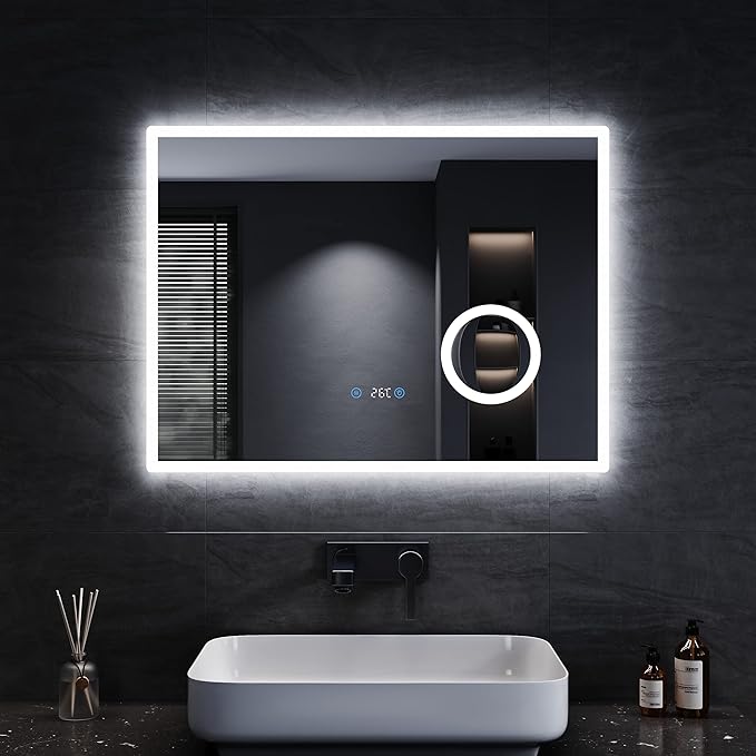 SONNI 80 x 60 cm Badkamer spiegel met verlichting, anti-condens, met 3 lichtkleuren, dimbaar