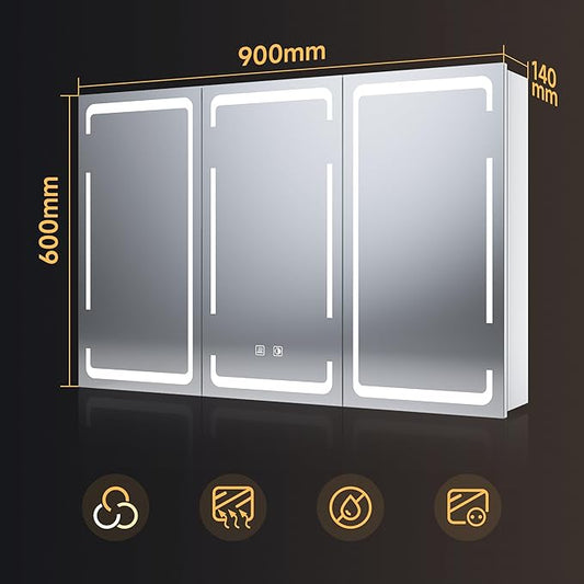 SONNI 90 x 60 cm spiegelkast met verlichting en condensvrij, 3-deurs