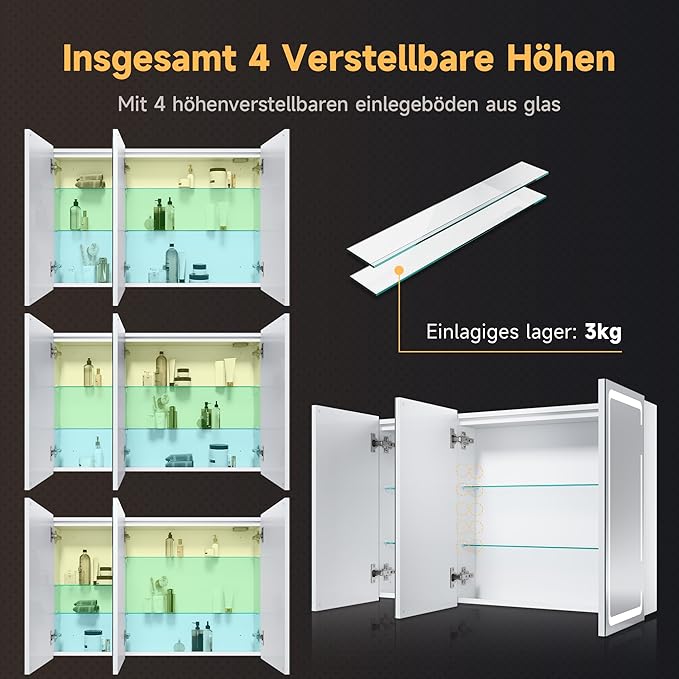 SONNI 90 x 60 cm spiegelkast met verlichting en condensvrij, 3-deurs