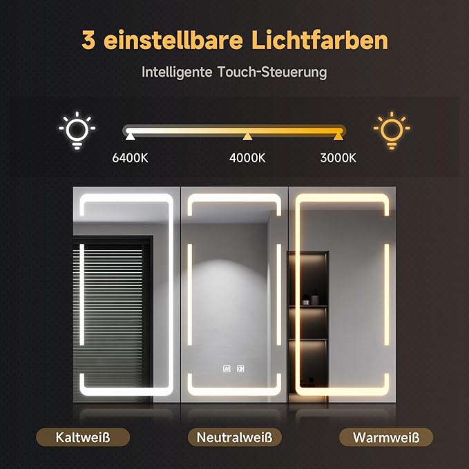 SONNI 90 x 60 cm spiegelkast met verlichting en condensvrij, 3-deurs