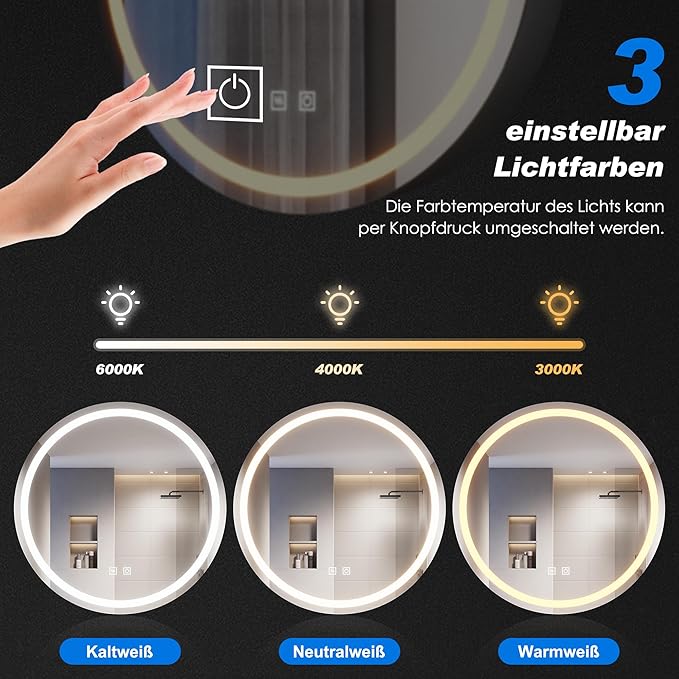 SONNI 60 cm Rond Badkamer Spiegelkast met verlichting, 3 instelbare lichtkleuren, condensvrij