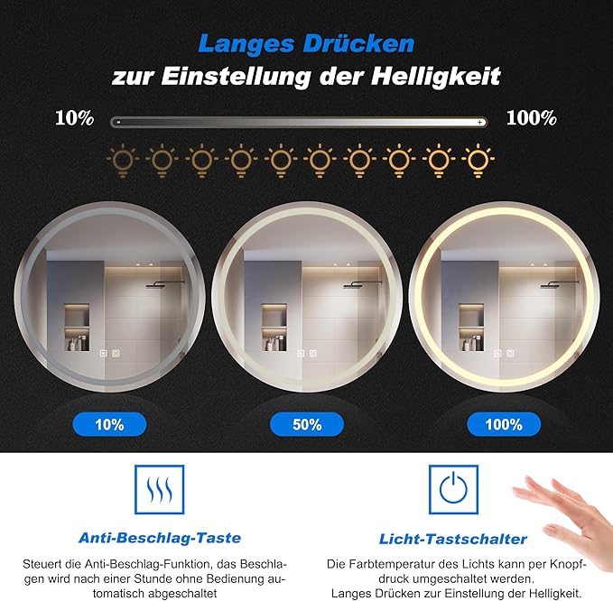 SONNI 60 cm Rond Badkamer Spiegelkast met verlichting, 3 instelbare lichtkleuren, condensvrij