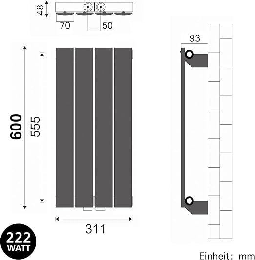 ELEGANT verticale radiator 600 x 311 mm antraciet met eenlaags 222 Watt