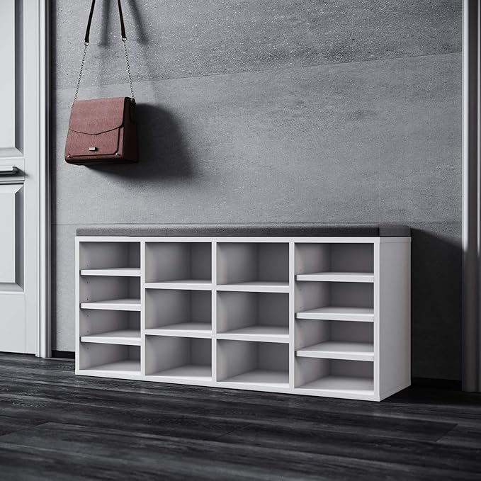 SONNI Schoenenkast met zitbank wit hout met grijs zitkussen, 103,5x30x48cm