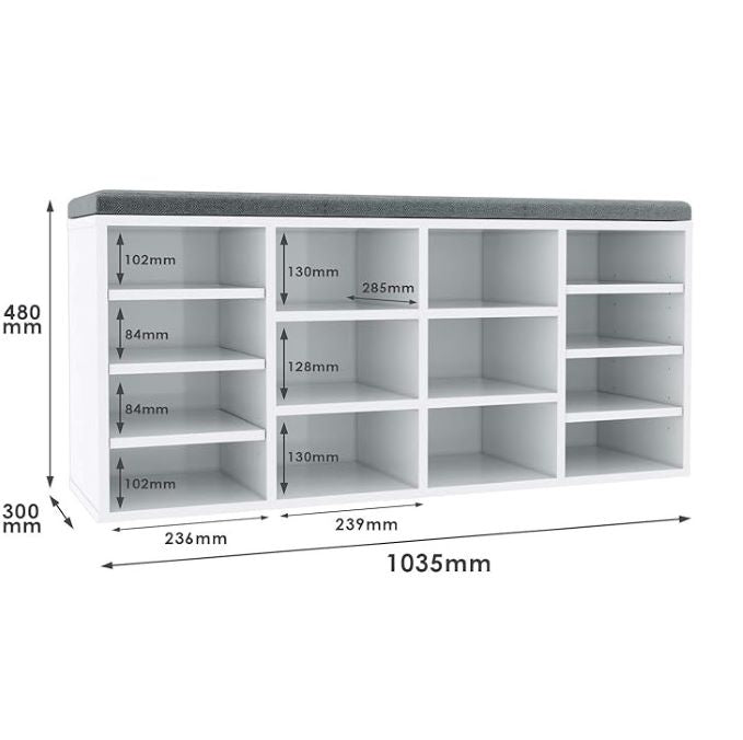 SONNI Schoenenkast met zitbank wit hout met grijs zitkussen, 103,5x30x48cm