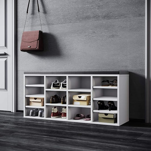 SONNI Schoenenkast met zitbank wit hout met grijs zitkussen, 103,5x30x48cm