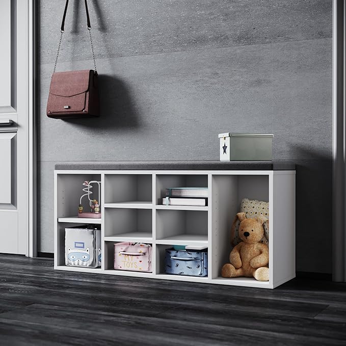 SONNI Schoenenkast met zitbank wit hout met grijs zitkussen, 103,5x30x48cm
