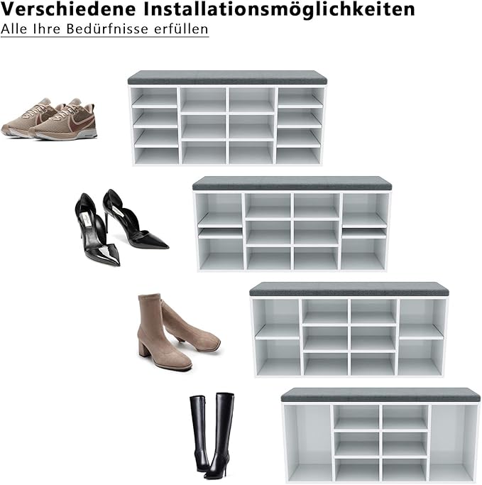 SONNI Schoenenkast met zitbank wit hout met grijs zitkussen, 103,5x30x48cm