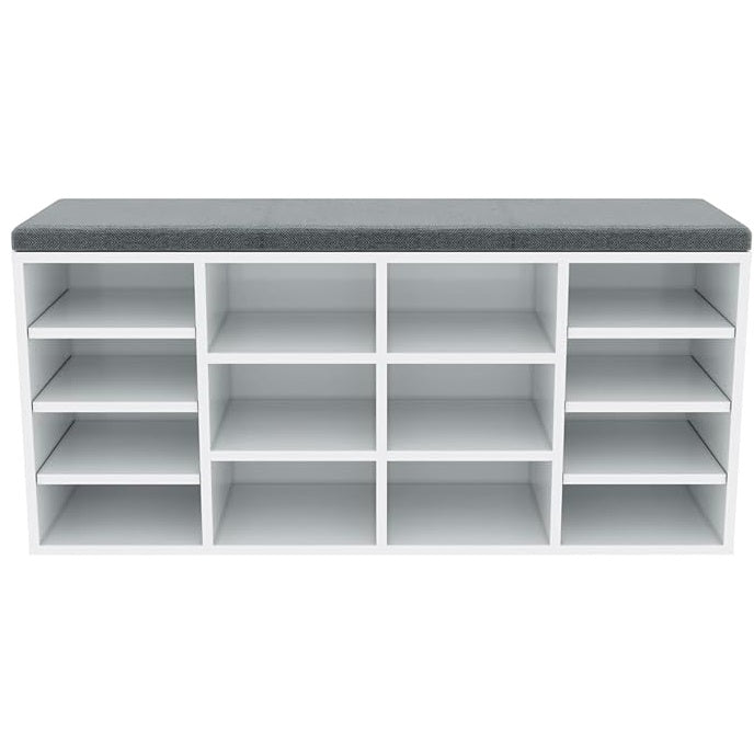 SONNI Schoenenkast met zitbank wit hout met grijs zitkussen, 103,5x30x48cm