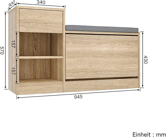 SONNI Schoenenbank met zittingen, twee open vakken, met 1 klep, met lade, W945xD300xH570mm