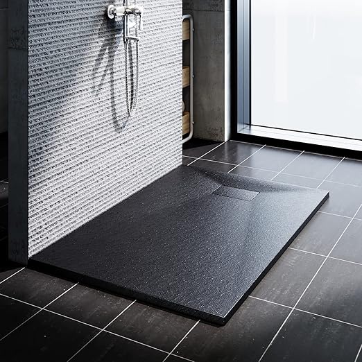 SONNI Douchebak leisteenlook en antislip structuur zwart, inclusief sifon