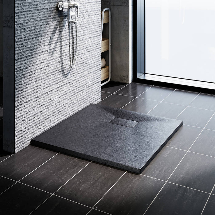 SONNI Douchebak leisteenlook en antislip structuur zwart, inclusief sifon