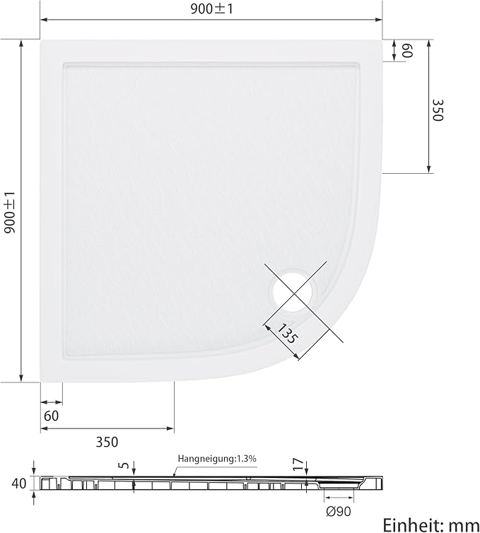 SONNI kwartronde SMC douchebak wit met laag profiel met 550 mm radius
