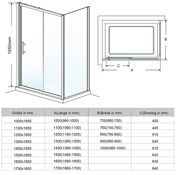 SONNI Douchecabine schuifdeur met zijwand 100-170cm hoogte 185cm