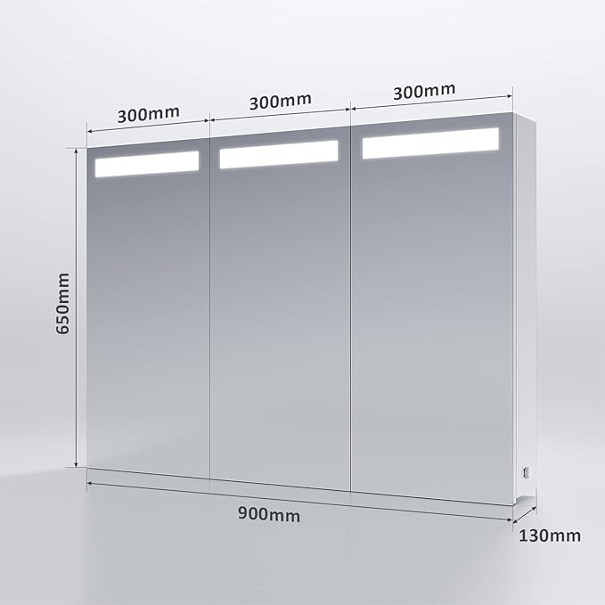 SONNI Spiegelkast met ledverlichting, 90 x 65 cm, driedeurs