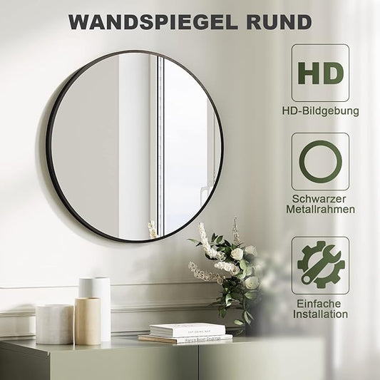SONNI Ronde wandspiegel 40 cm make-upspiegel met HD-glas zwart aluminium frame