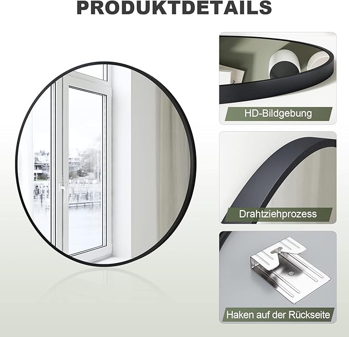 SONNI Ronde wandspiegel 40 cm make-upspiegel met HD-glas zwart aluminium frame
