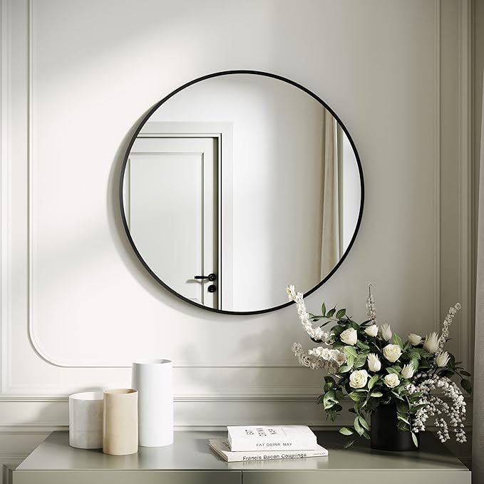 SONNI Badkamerspiegel - rond - diameter 60cm-zwart aluminium frame-wandmontage-make-upspiegel met HD-glas