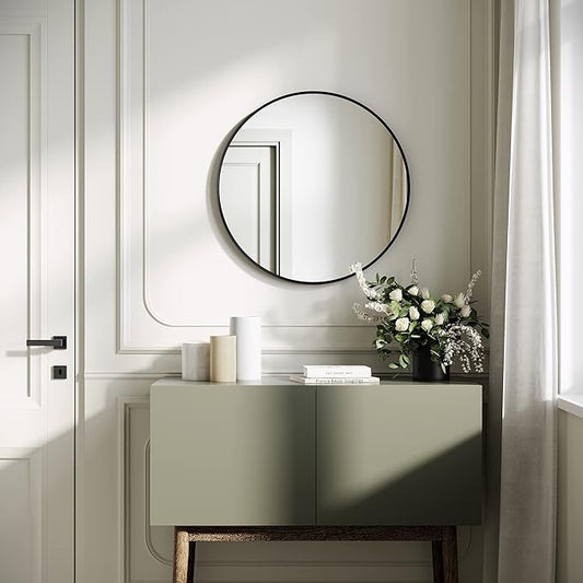 SONNI Badkamerspiegel - rond - diameter 60cm-zwart aluminium frame-wandmontage-make-upspiegel met HD-glas