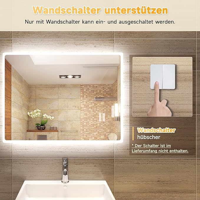 SONNI Badkamerspiegel met verlichting, 80 x 60 cm, koudwit