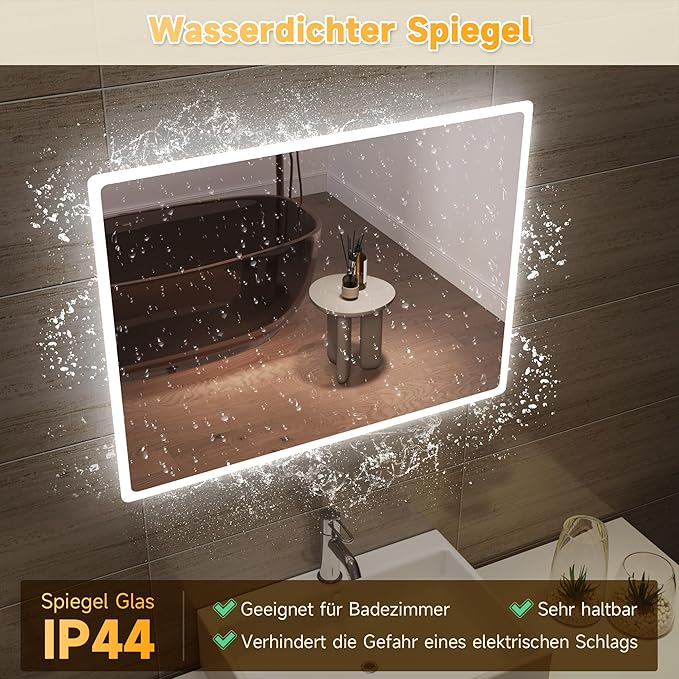 SONNI Badkamerspiegel met verlichting, 80 x 60 cm, koudwit
