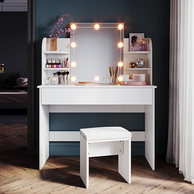 Sonni Kaptafel met spiegel kruk en LED-verlichting wit commode met Hollywoodspiegel met lampen 108 x 40 x 140 cm
