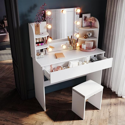 Sonni Kaptafel met spiegel kruk en LED-verlichting wit commode met Hollywoodspiegel met lampen 108 x 40 x 140 cm