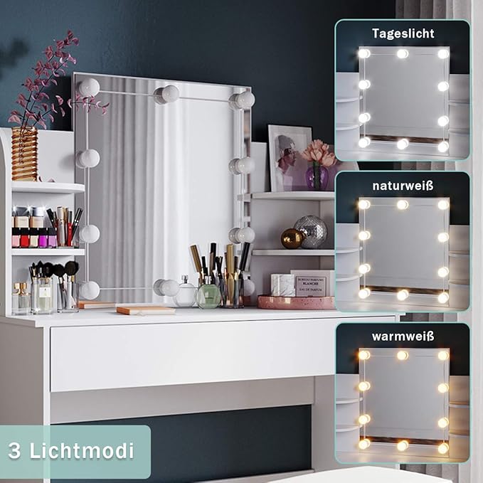 Sonni Kaptafel met spiegel kruk en LED-verlichting wit commode met Hollywoodspiegel met lampen 108 x 40 x 140 cm