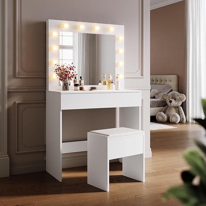 SONNI kaptafel, Make-uptafel met kruk en laden wit