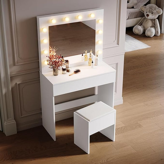 SONNI kaptafel, Make-uptafel met kruk en laden wit