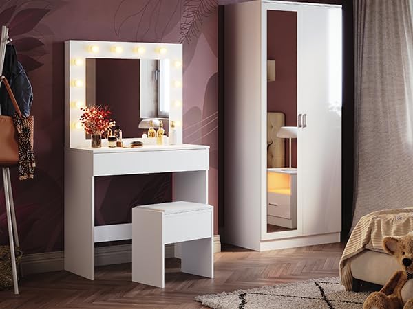 SONNI kaptafel, Make-uptafel met kruk en laden wit