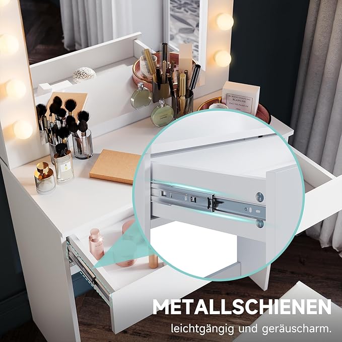 SONNI kaptafel, Make-uptafel met kruk en laden wit