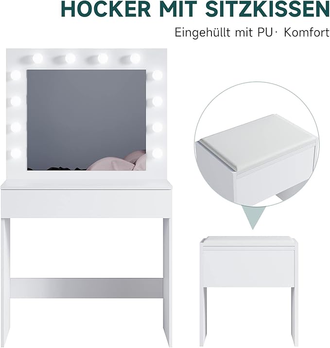 SONNI kaptafel, Make-uptafel met kruk en laden wit